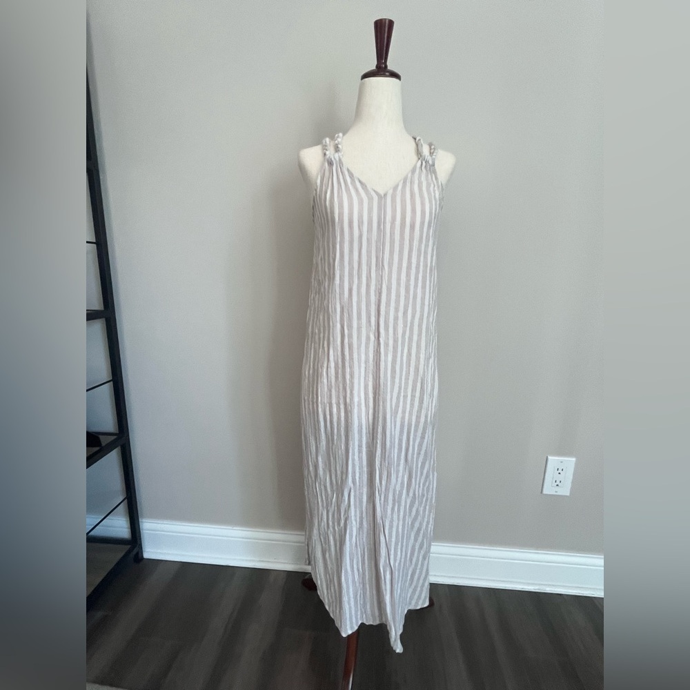 Striped Linen-Blend Maxi Dress/ Swimsuit Coverup  in Taupe and White